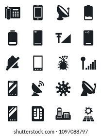 Set of vector isolated black icon - satellite antenna vector, mobile phone, virus, low battery, back, sim, mute, cellular signal, office, sun panel