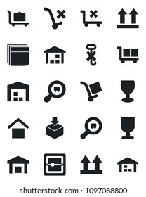 Set of vector isolated black icon - baggage trolley vector, fragile, cargo, warehouse storage, up side sign, no, hook, package, search, scanner, blank box