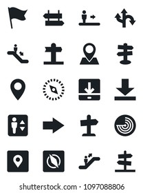 Set of vector isolated black icon - elevator vector, escalator, signpost, right arrow, radar, route, pin, download, place tag, compass, flag, guidepost