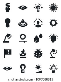 Set of vector isolated black icon - sun vector, bulb, lady bug, fire, eye, important flag, brightness, desk lamp, water, energy saving, shining head, idea