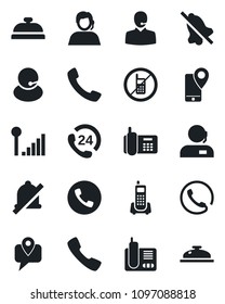 Set of vector isolated black icon - phone vector, no mobile, office, 24 hours, support, tracking, radio, call, mute, cellular signal, reception