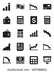 Set of vector isolated black icon - credit card vector, growth statistic, calculator, crisis graph, receipt, bar, wallet, cash, presentation