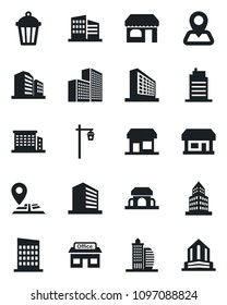 Set of vector isolated black icon - shop vector, office building, garden light, navigation, store, city house, cafe, storefront