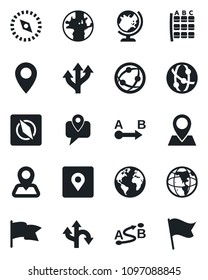 Set of vector isolated black icon - globe vector, seat map, route, navigation, earth, pin, mobile tracking, network, place tag, compass, flag