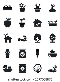 Set of vector isolated black icon - flower in pot vector, seedling, tree, sproute, plant label, fertilizer, fruit, salad, apple, eco house, palm