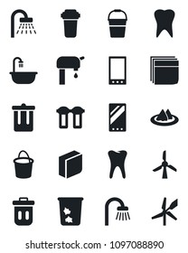 Set of vector isolated black icon - trash bin vector, shower, bucket, tooth, mobile, blank box, water supply, bathroom, serviette, filter, windmill
