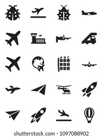 Set of vector isolated black icon - plane vector, departure, arrival, ladder car, boarding, helicopter, seat map, globe, airport building, lady bug, rocket, paper, air balloon