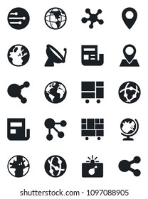Set of vector isolated black icon - satellite antenna vector, bomb in case, globe, earth, pin, consolidated cargo, network, share, news, social media