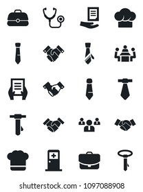 Set of vector isolated black icon - medical room vector, handshake, team, tie, document, stethoscope, meeting, cook hat, case
