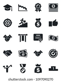 Set of vector isolated black icon - dispatcher vector, medal, graduate, money bag, cash, finger up, target, handshake, career ladder, pennon, crisis, certificate, pedestal