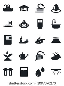 Set of vector isolated black icon - watering can vector, water drop, hose, pond, sea shipping, pool, warehouse, bathroom, drink, irrigation, heater, filter, warm floor, sprinkler