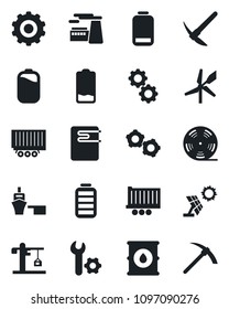 Set of vector isolated black icon - gear vector, factory, truck trailer, sea port, oil barrel, reel, battery, low, root setup, crane, water heater, sun panel, windmill, hard work