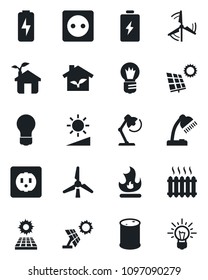 Set of vector isolated black icon - bulb vector, fire, oil barrel, brightness, charge, desk lamp, sun panel, windmill, heater, eco house, socket, battery, idea