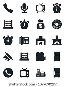 Set of vector isolated black icon - alarm clock vector, phone, abacus, money bag, vinyl, tv, video camera, microphone, call, office, fireplace, rolling pin, fridge
