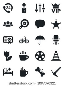 Set of vector isolated black icon - hot cup vector, vip, border cone, office chair, coffee, bike, hospital bed, broken bone, 24 hours, umbrella, tulip, reel, message, tuning, estate search, waiter