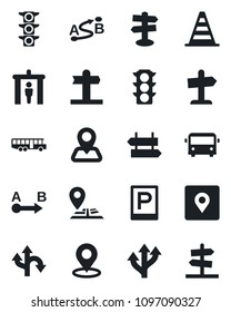 Set of vector isolated black icon - airport bus vector, parking, security gate, signpost, border cone, route, navigation, traffic light, place tag, guidepost