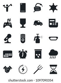 Set of vector isolated black icon - dispatcher vector, farm fork, rain, hose, seeds, garden sprayer, term, fragile, microphone, gamepad, phone back, alarm, charge, news, handshake, hot dog, police