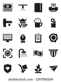 Set of vector isolated black icon - vip vector, shower, pennant, notepad, stamp, fire, drip irrigation, monitor pulse, heart shield, cash, cargo, clipboard, ink pen, printer, flower in pot, beer
