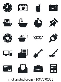 Set of vector isolated black icon - mouse vector, shovel, rake, picnic table, clock, vinyl, mail, hdmi, stopwatch, case, drawing pin, document folder, sale, bathroom, steaming pan, pc, calendar