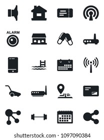 Set of vector isolated black icon - antenna vector, ticket, lawn mower, pills, barbell, navigation, speaker, cell phone, mail, calendar, house, pool, cafe building, wireless, router, alarm led