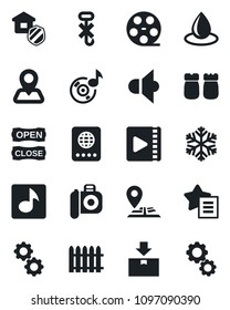 Set of vector isolated black icon - passport vector, fence, water drop, navigation, no hook, package, reel, camera, speaker, favorites list, music, video, estate insurance, salt and pepper, gear