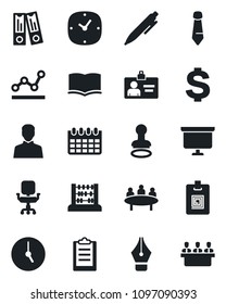 Set of vector isolated black icon - stamp vector, identity card, dollar sign, book, office binder, abacus, pen, tie, presentation board, meeting, calendar, user, clock, clipboard, ink, chair