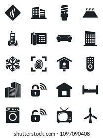 Set of vector isolated black icon - bird house vector, office phone, building, bedroom, cushioned furniture, tv, smart home, city, fingerprint, wireless lock, remote control, snowflake, washer