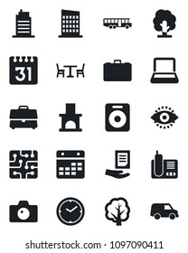 Set of vector isolated black icon - airport bus vector, cafe, camera, case, document, tree, fireplace, radio phone, speaker, calendar, eye id, clock, notebook pc, city house, chip, car