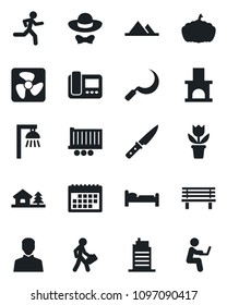 Set of vector isolated black icon - bed vector, flower in pot, sickle, bench, pumpkin, fireplace, run, truck trailer, user, calendar, manager, house with tree, mountains, city, dress code, knife