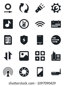 Set of vector isolated black icon - no mobile vector, antenna, cell phone, radio, update, camera, gallery, protect, sim, network, data exchange, wireless, torch, brightness, music, application