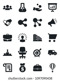 Set of vector isolated black icon - office building vector, target, group, shining head, handshake, money bag, chair, investment, cart, flask, case, car, social media, advertising, pedestal