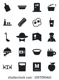 Set of vector isolated black icon - cafe vector, coffee machine, cook, alcohol, wine card, menu, drink, phyto bar, bacon, waiter, vip zone, dress code, ladle, bowl, cutting board, steaming pan