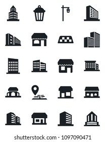Set of vector isolated black icon - taxi vector, shop, office building, garden light, navigation, store, city house, cafe, storefront