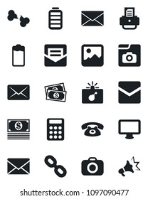 Set of vector isolated black icon - bomb in case vector, mail, printer, broken bone, cash, camera, monitor, chain, battery, gallery, photo, calculator, phone, advertising