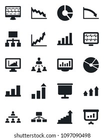 Set of vector isolated black icon - growth statistic vector, circle chart, monitor pulse, statistics, presentation board, bar graph, pie, hierarchy, arrow up, crisis