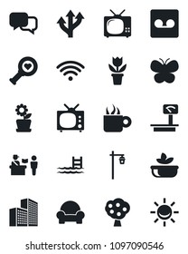 Set of vector isolated black icon - passport control vector, flower in pot, butterfly, garden light, heart diagnostic, route, heavy scales, dialog, record, office building, pool, fruit tree, tv