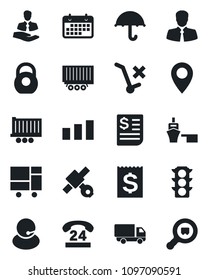 Set of vector isolated black icon - pin vector, satellite, traffic light, 24 hours, support, client, truck trailer, car delivery, term, receipt, sea port, consolidated cargo, umbrella, no trolley
