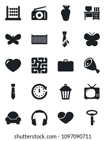 Set of vector isolated black icon - case vector, desk, butterfly, garden light, real heart, cargo container, radio, headphones, abacus, tie, cushioned furniture, tv, ham, chip, clock
