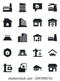 Set of vector isolated black icon - shop vector, office building, factory, house, warehouse, with garage, estate document, city, crane, insurance, cafe, warm floor, gate control, home message