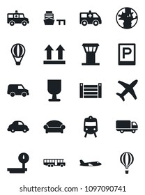 Set of vector isolated black icon - airport tower vector, bus, parking, train, waiting area, plane, ambulance car, earth, delivery, sea port, container, fragile, up side sign, heavy scales