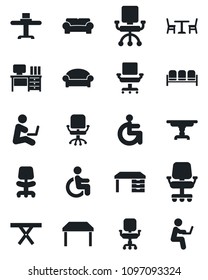 Set of vector isolated black icon - cafe vector, waiting area, office chair, desk, picnic table, disabled, cushioned furniture, restaurant, man with notebook