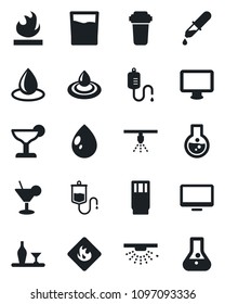 Set of vector isolated black icon - water drop vector, dropper, flammable, monitor, alcohol, drink, cocktail, filter, sprinkler, flask