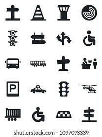 Set of vector isolated black icon - airport tower vector, taxi, bus, parking, passport control, signpost, alarm car, border cone, radar, helicopter, disabled, route, traffic light, truck trailer