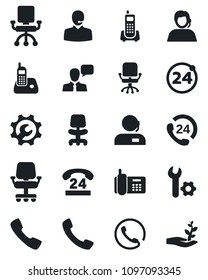 Set of vector isolated black icon - 24 around vector, office chair, phone, hours, support, speaker, radio, call, root setup, palm sproute