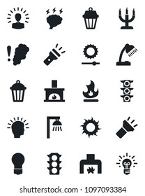 Set of vector isolated black icon - brainstorm vector, bulb, fire, sun, garden light, traffic, torch, brightness, desk lamp, fireplace, candle, smoke detector, outdoor, shining head, idea