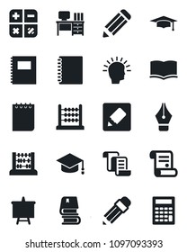 Set of vector isolated black icon - contract vector, book, calculator, graduate, abacus, desk, notepad, presentation board, pencil, notes, copybook, ink pen, shining head