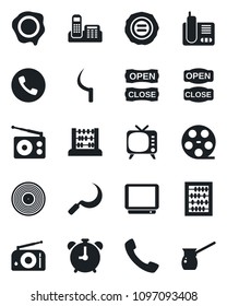 Set of vector isolated black icon - alarm clock vector, phone, abacus, stamp, sickle, reel, vinyl, radio, tv, call, office, open close, turkish coffee