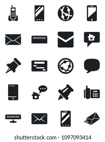 Set of vector isolated black icon - mobile phone vector, mail, office, network, cell, paper pin, message, reserved, home, schedule