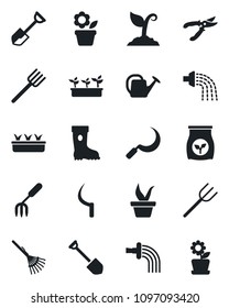 Set of vector isolated black icon - job vector, flower in pot, garden fork, shovel, farm, rake, seedling, watering can, sproute, pruner, boot, sickle, fertilizer