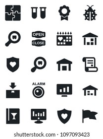 Set of vector isolated black icon - statistic monitor vector, contract, lady bug, blood test vial, heart shield, medical calendar, warehouse, package, search cargo, application, sertificate, flag